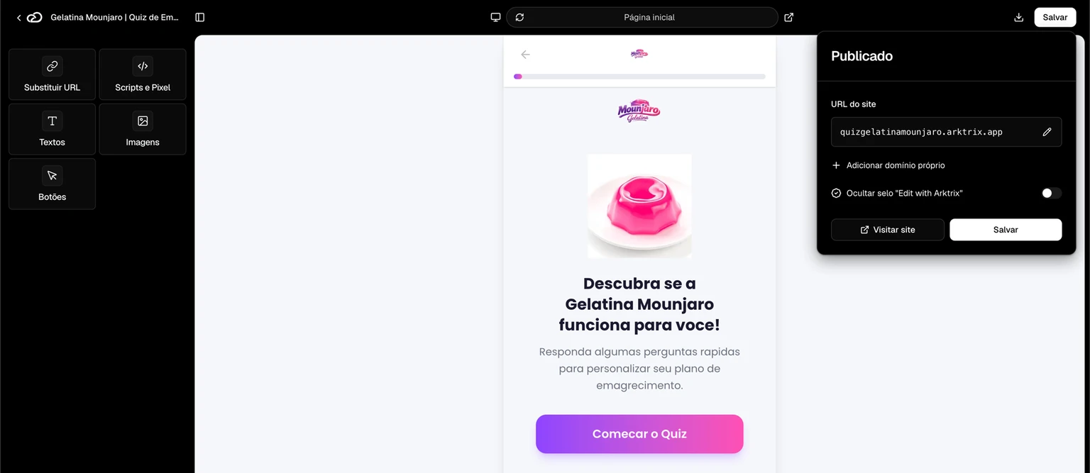 Editor da Arktrix com o painel de publicação aberto, pronto pra publicar no domínio próprio